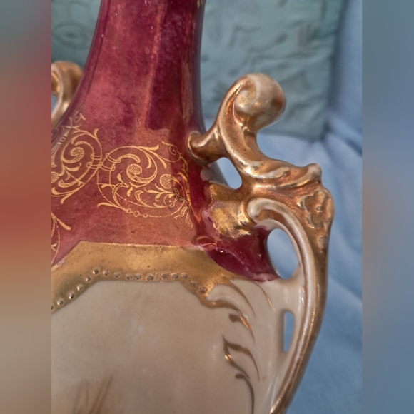 Antique Red & Gold 1891 Royal Saxe Erdmann Schlegelmilch Double Handled Vase - Picture 13 of 16